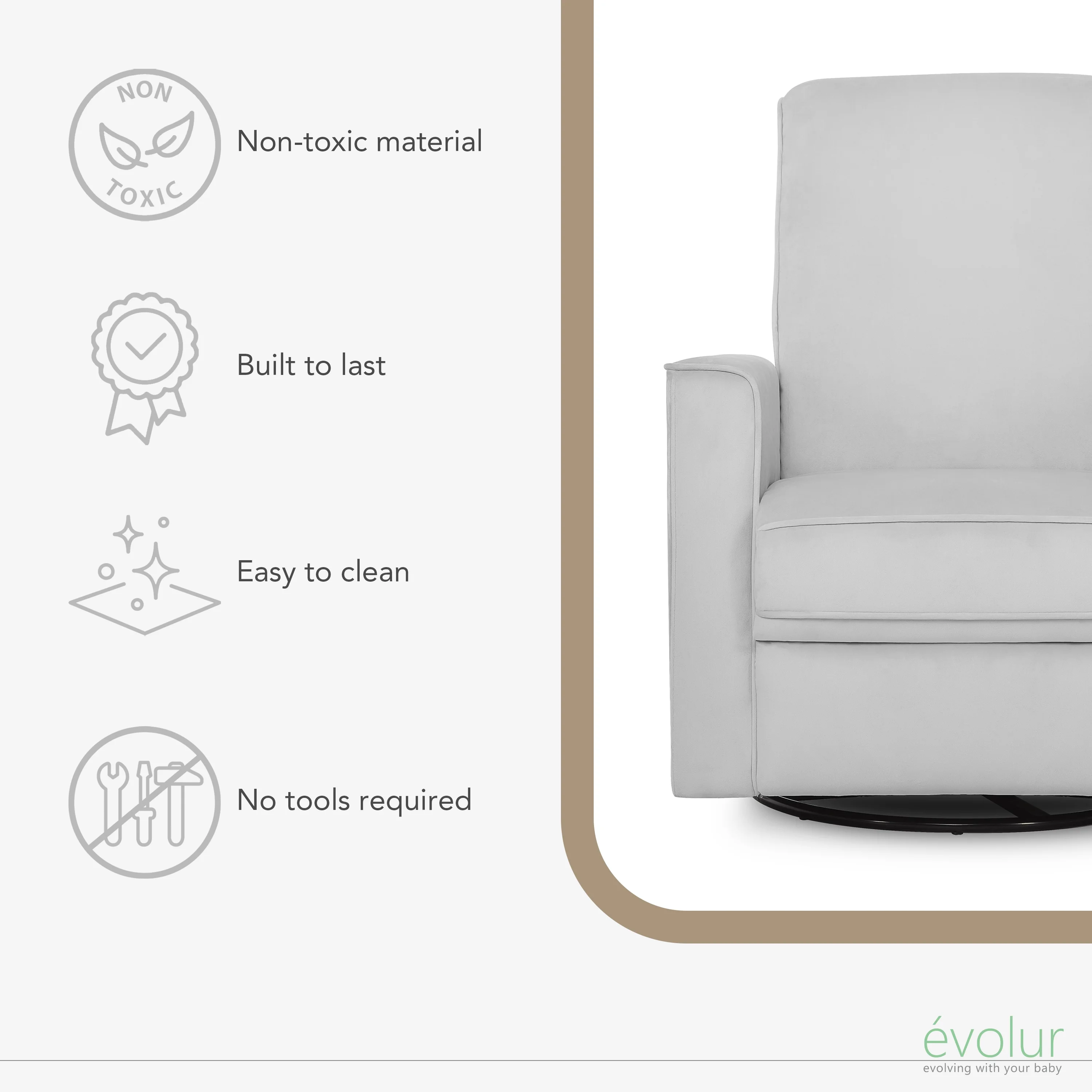 Evolur Raleigh Nursery Glider Recliner and Rocking Chair in Gray, 360?�� Swivel Motion, Multiple Recline Positions, Easy to Clean, FSC and Greenguard Gold Certified