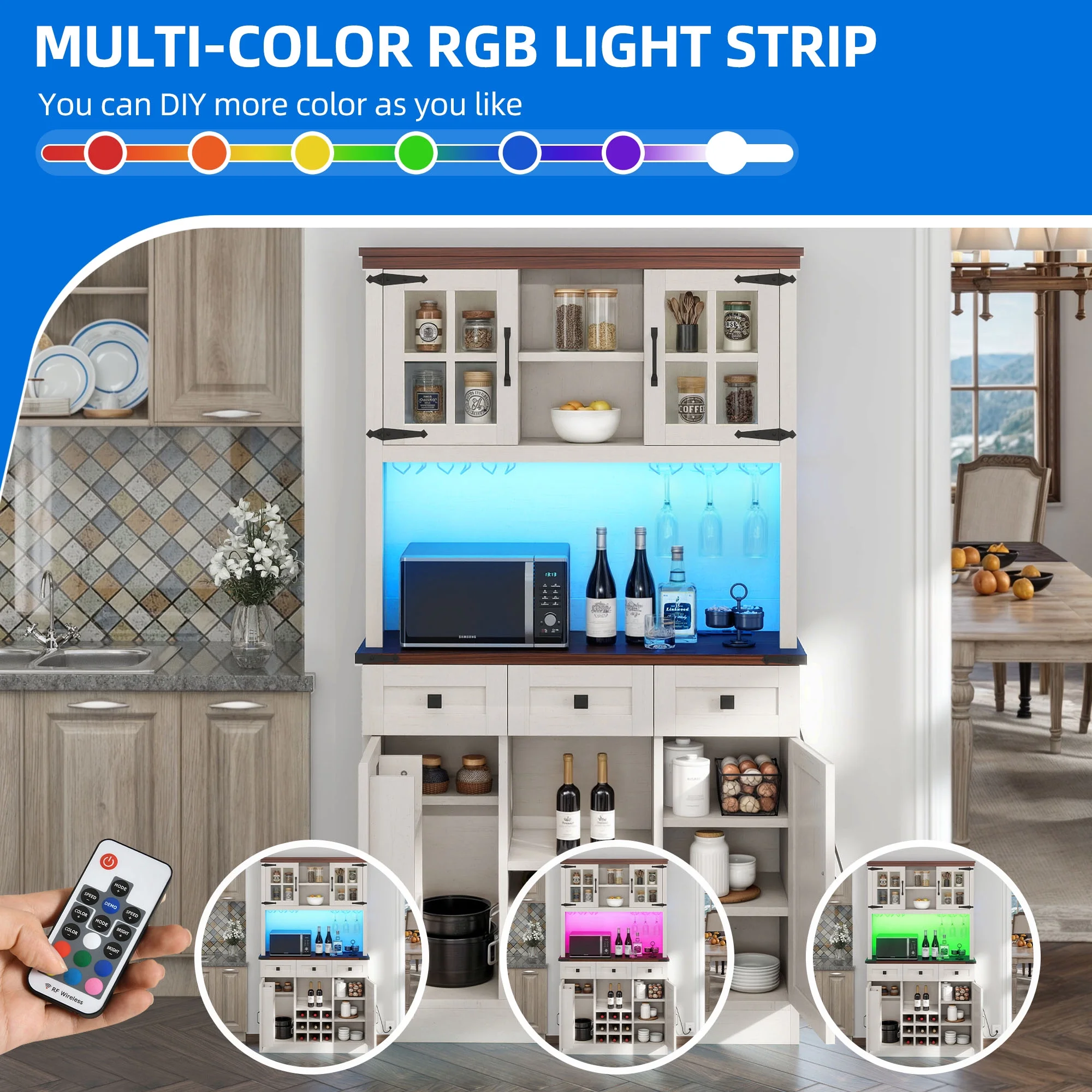 Uforic Bar Cabinet with Wine Rack & LED Lights, Wine Buffet Cabinet with Drawers & Power Outlets, White