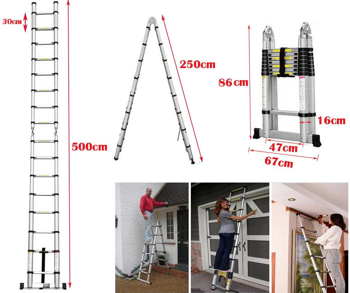 Bowoshen Telescopic Loft Ladder 16.5Ft Extendable Collapsible Step Ladders Securing Bolt 330lb Loading EN131 Certified - Image 9