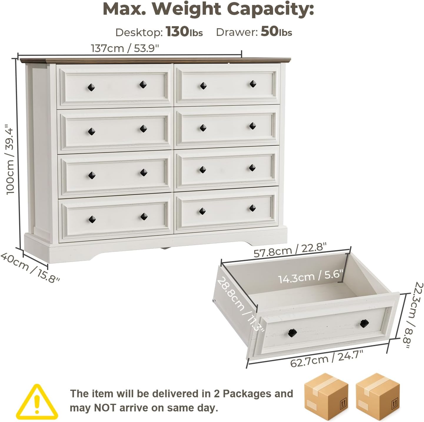 Farmhouse 8 Drawer Dresser for Bedroom, 54