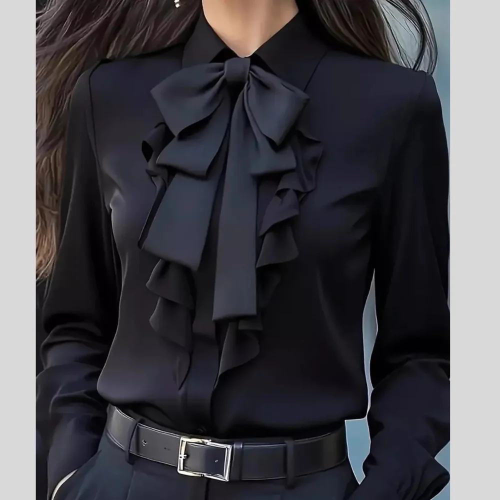 Ruffled Tie Front Long Sleeve Blouse - ZKZOOK