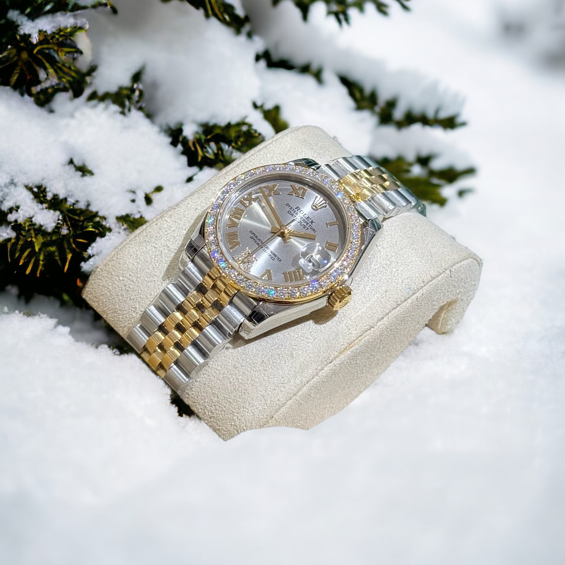 Rolex DateJust Replica Watch With Moissanite Diamonds Demi Gold 31mm - Elite Watch Atelier