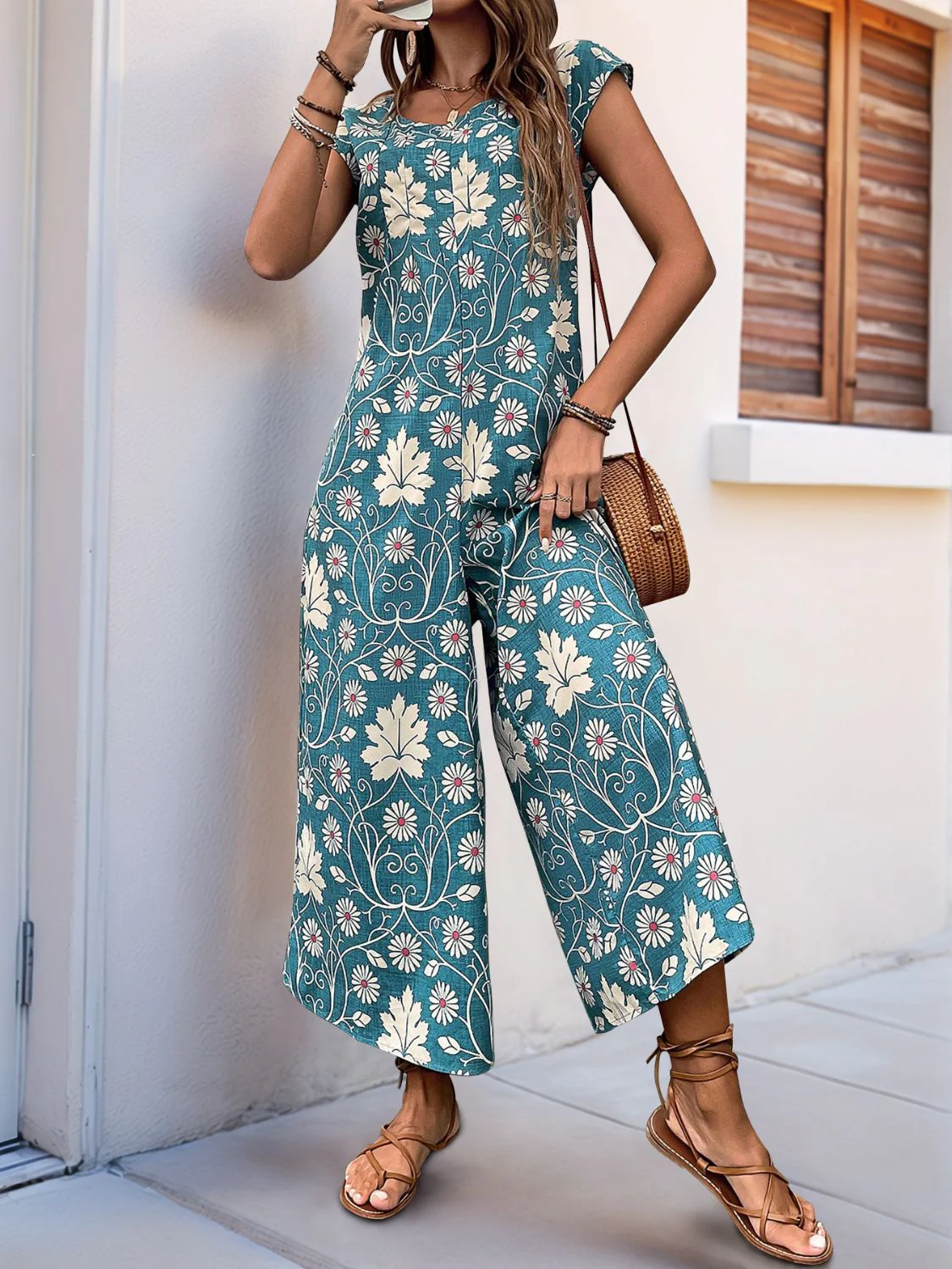Perfee Printed Round Neck Cap Sleeve Wide Leg Jumpsuit - ZKZOOK
