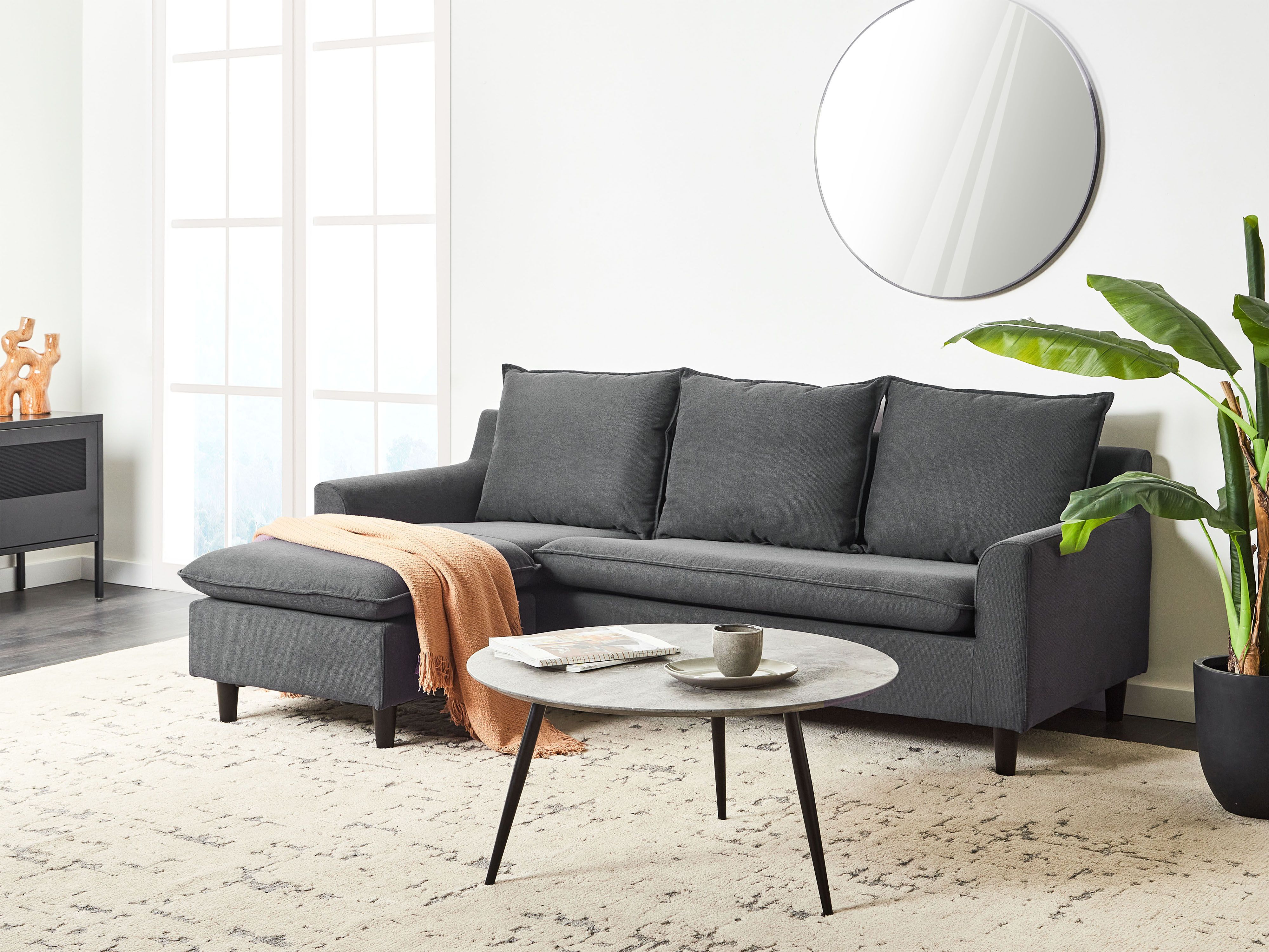 Corner Sofa 3 Seater ELVENES Fabric Dark Grey Right Hand