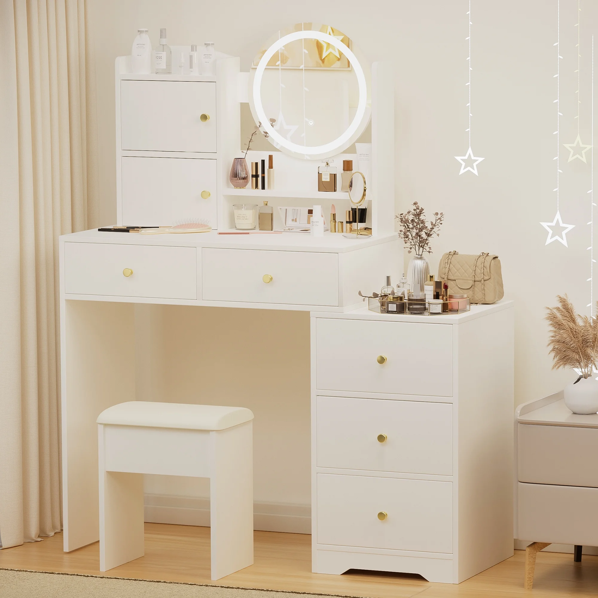 Montary Modern Mini Vanity w/Adjustable LED Mirror + Hidden Storage, Padded Stool & Dustproof Shelves (White) - Image 71
