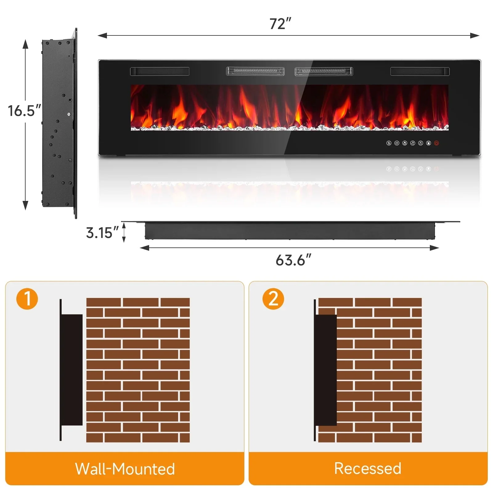 Dovov Wall Mounted Electric Fireplace Heater, 50 inch, Black, 750/1500W