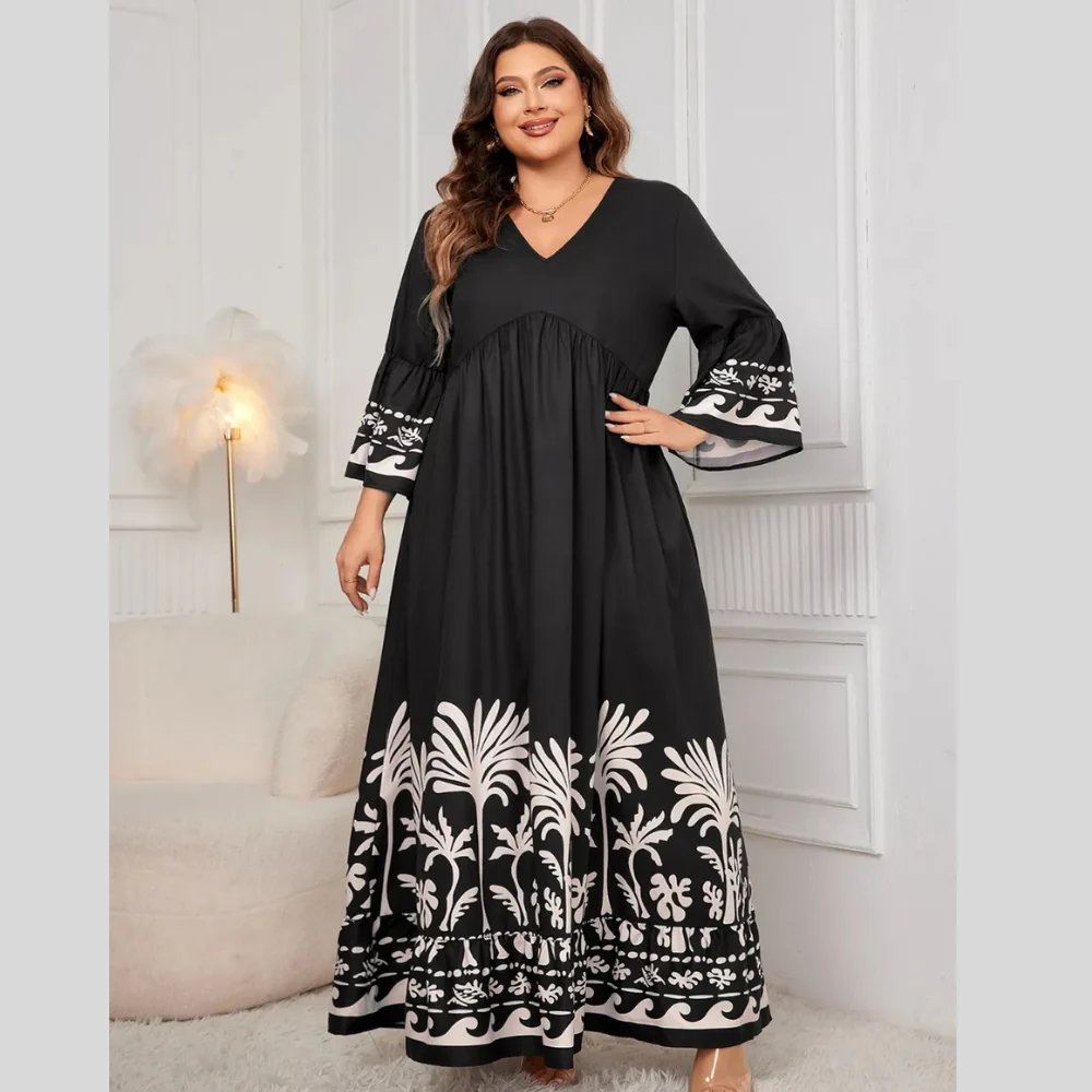 Honey Plus Size Printed V-Neck Long Sleeve Maxi Dress - ZKZOOK