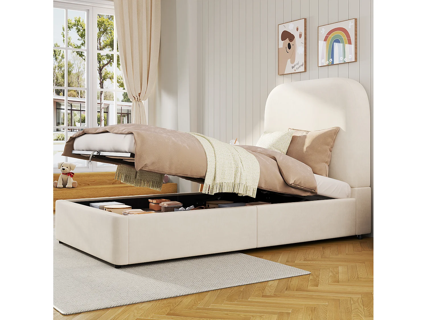 Lit coffre rembourré - 90 x 190 cm - avec rangement hydraulique + tête de lit - velours - beige