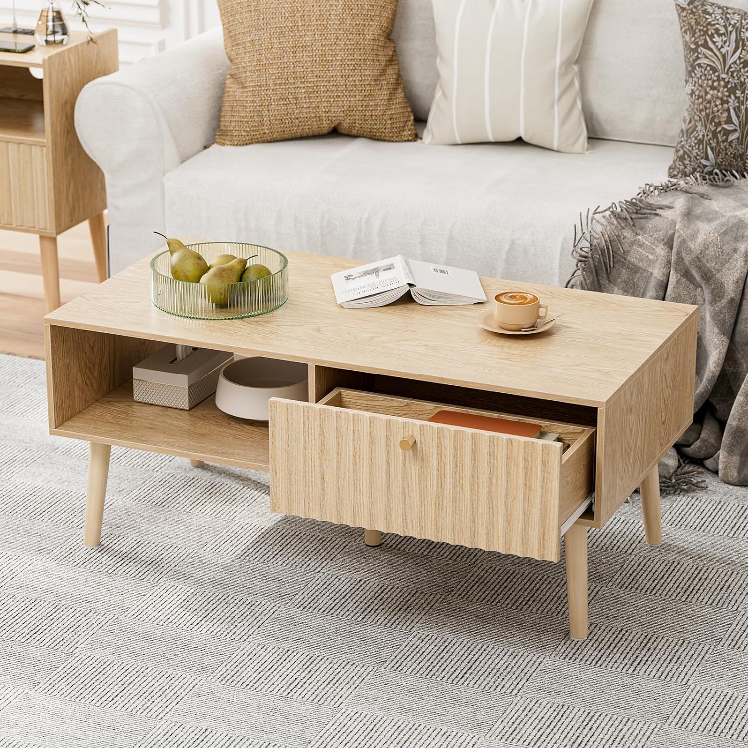 LCRBOL Coffee Table with Storage, Boho Dining Table with Fluted Drawer and Solid Wood Legs, Small Coffee Tables for Living Room, Oak