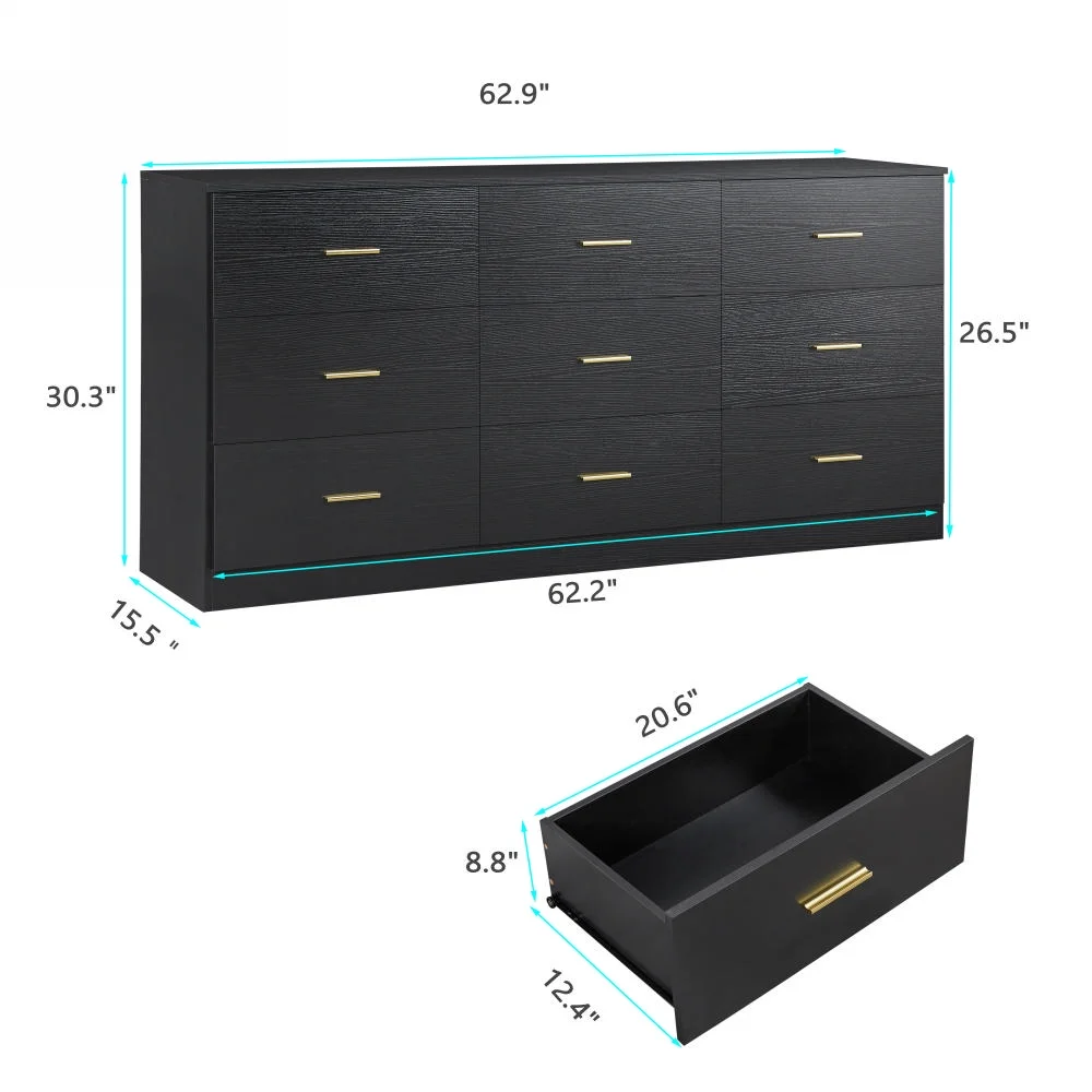 Aukfa Wood 9 Drawer Dresser for Bedroom, Long Chest of 9 Drawers TV Stand,Black
