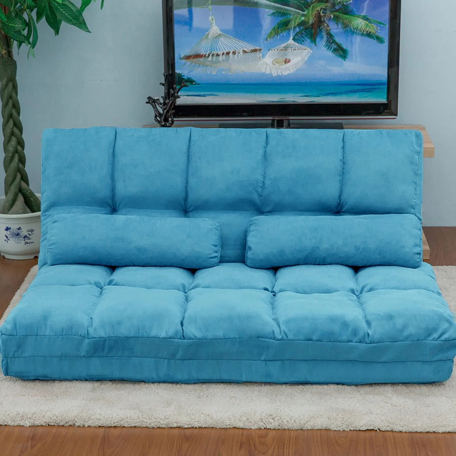 Floor Sofa Bed, Foldable Double Chaise Lounge Sofa Chair with Two Pillows, Adjustable Floor Couch and Sofa for Living Room and Bedroom, Lazy Sofa Floor Chair for Gaming, Sleeper and Reading, L2798