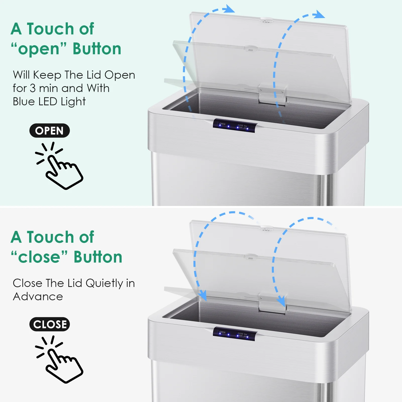 LAZY BUDDY 60 Liter / 16 Gallon Stainless Steel Motion Sensor Trash Can for Kitchen, Bathroom, Rectangular - Image 16