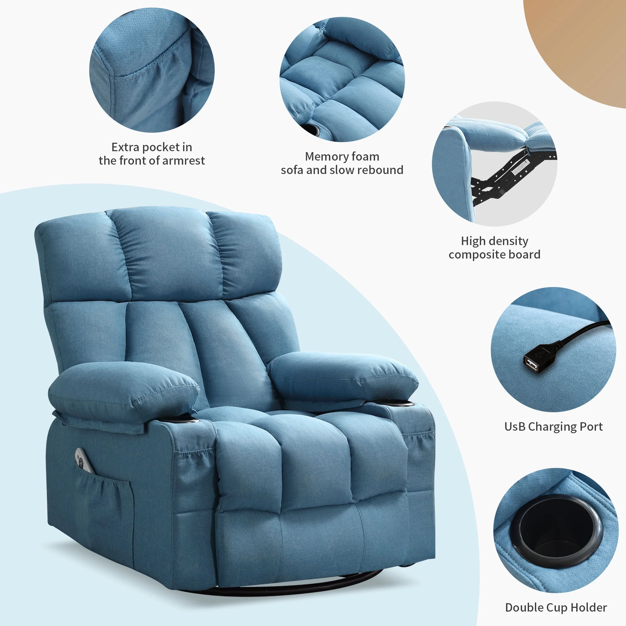 JONPONY Manual Recliner Chair with Heat Therapy and Massage Function, Heavy Duty Reclining Mechanism Massage Chair, Elderly Single Rocker Sofa with Cup Holders for Bedroom Home Theater,Grey - Image 76