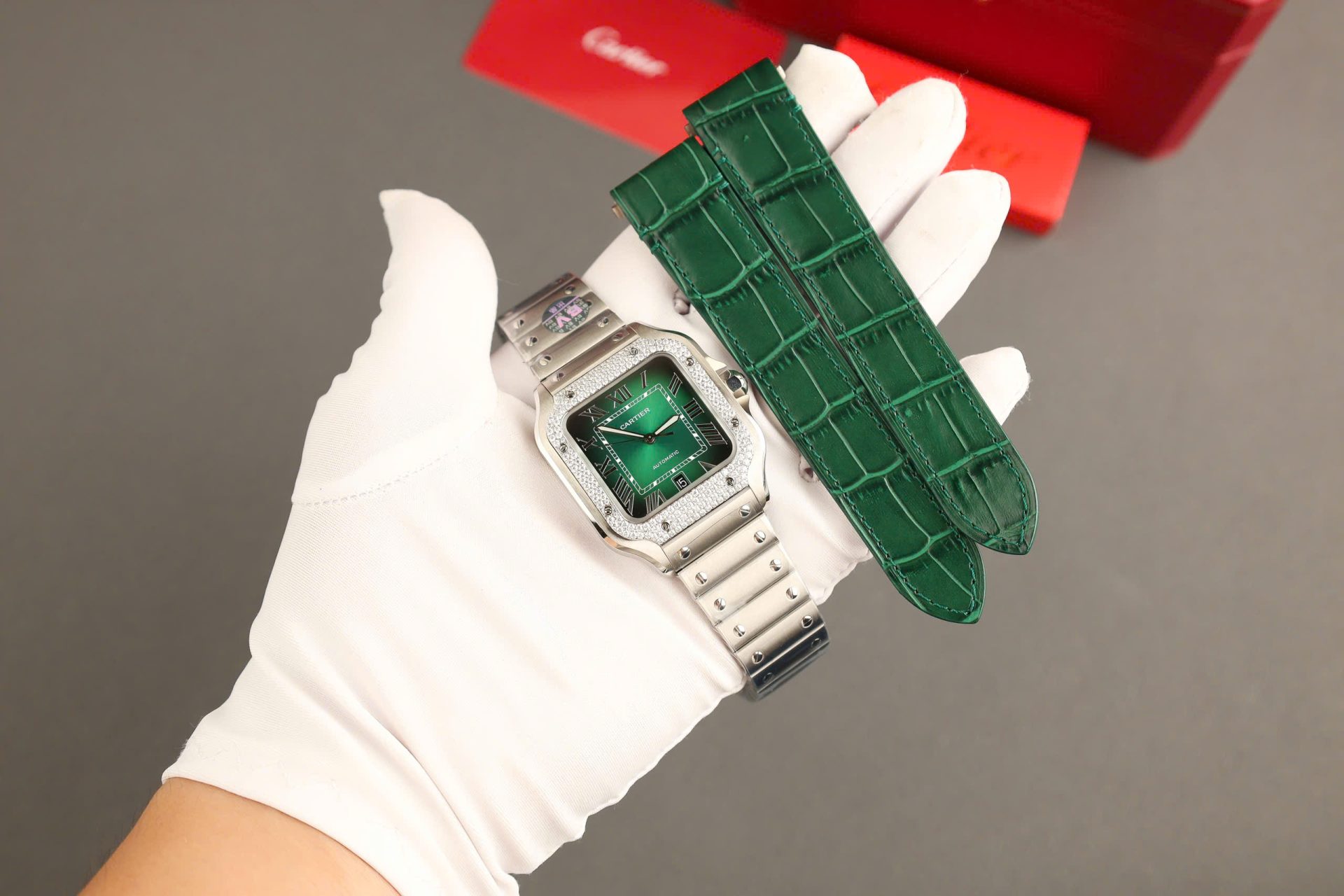 Cartier Santos Green Copies Watch Custom Diamonds Moissanite BV Factory 39.8mm - Elite Watch Atelier