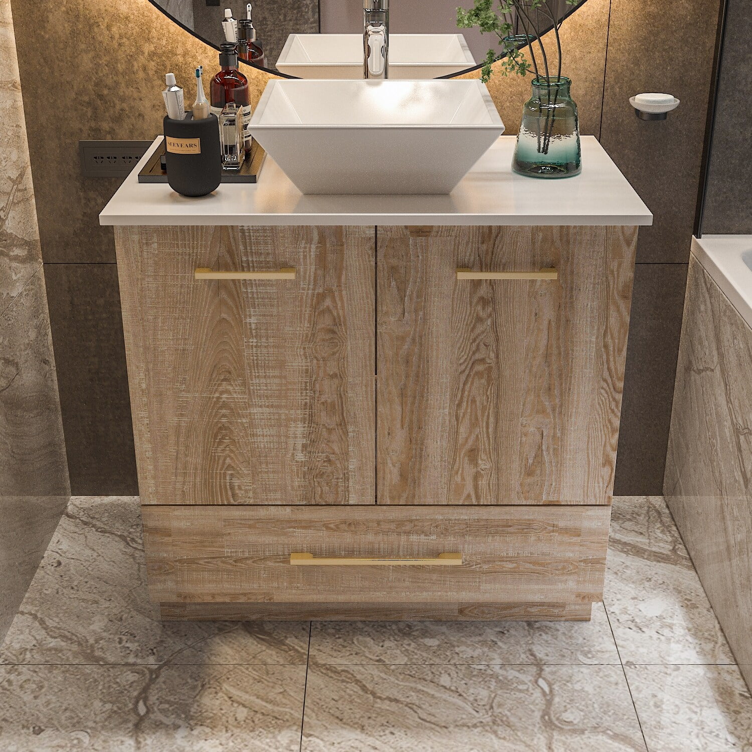 FUFU&GAGA Gleaming Vanity Set Ceramic Basin and LED Mirror Cabinet Combo Bathroom Vanity Only