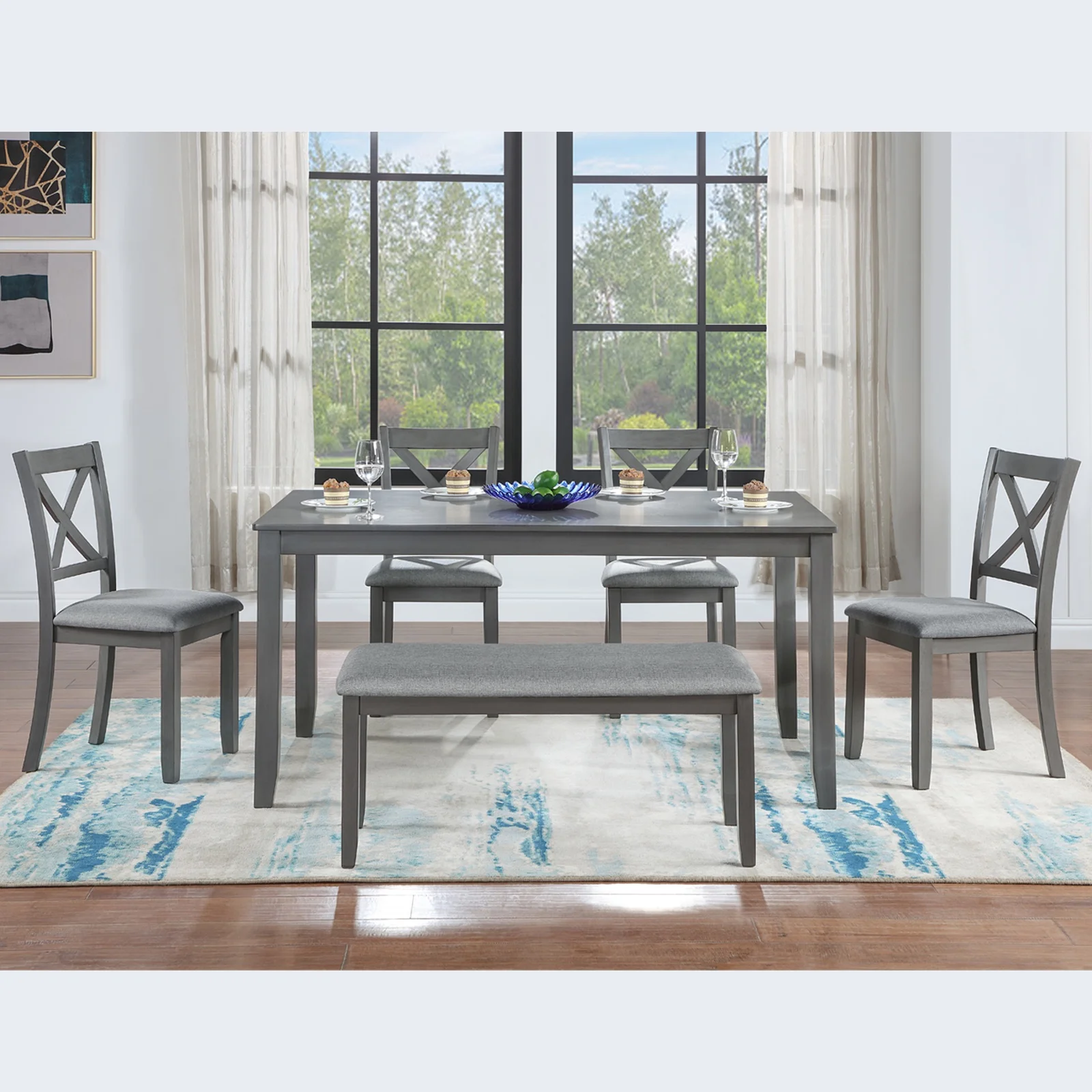 Dining Room Set, LEGAHOME 6 Piece Dining Sets with Bench and Chairs, Solid Wood Kitchen Dining Table Set for 6 with Upholstered Chairs, Gray - Image 33
