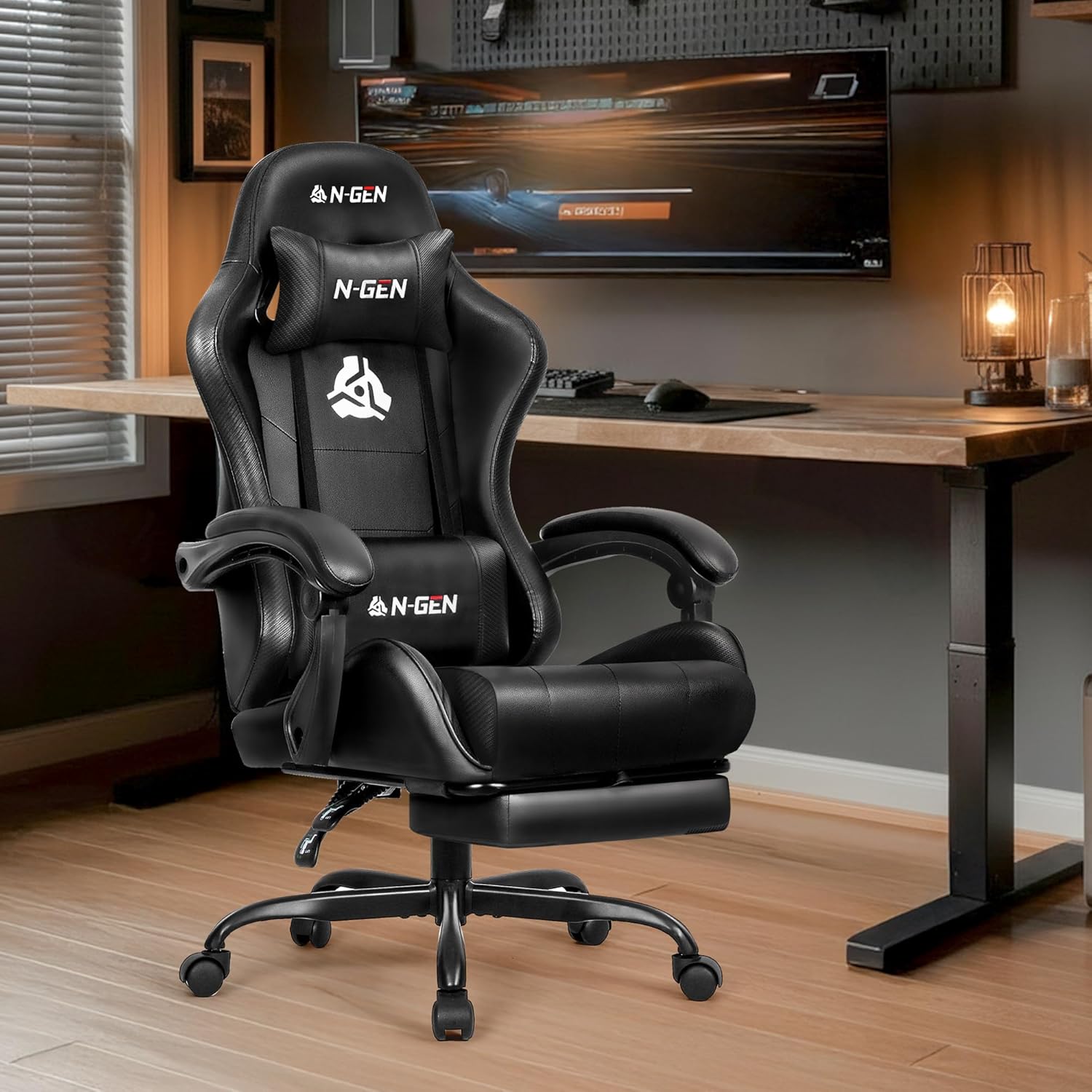 N-GEN GAMING Video Gaming Chair with Footrest Lumbar Support for Home Office High Back Recliner Height Adjustable Ergonomic Comfy Leather Computer Desk Chair (Black)