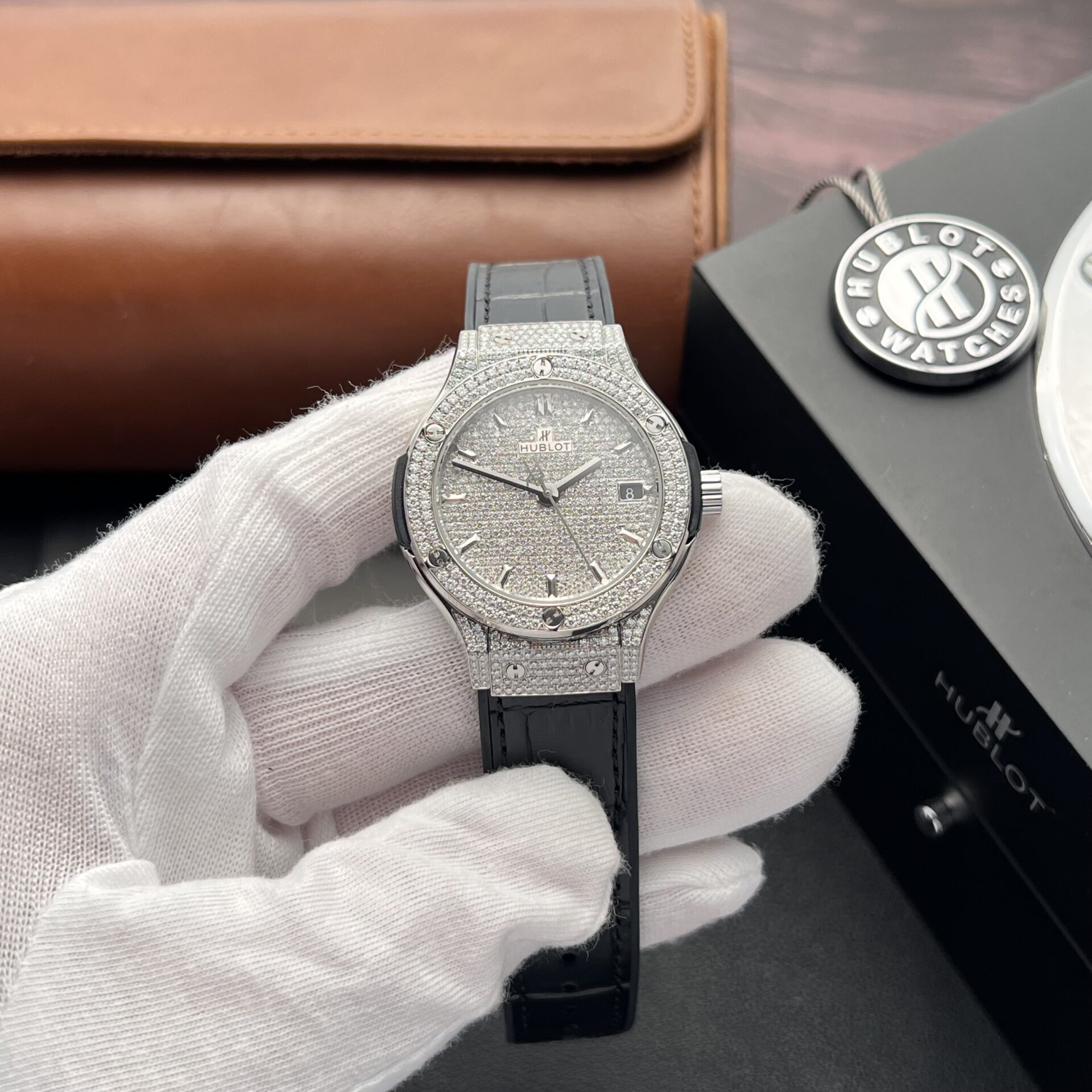 Hublot Replica Watch Classic Fusion Full Diamond Moissanite Black 38mm - Elite Watch Atelier