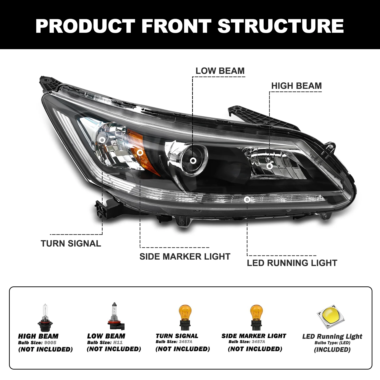 Headlight Assembly Compatible with 2013-2015 Honda Accord 4-Door Sedan Halogen Headlamp Replacement - Left Driver&Right Passenger Side