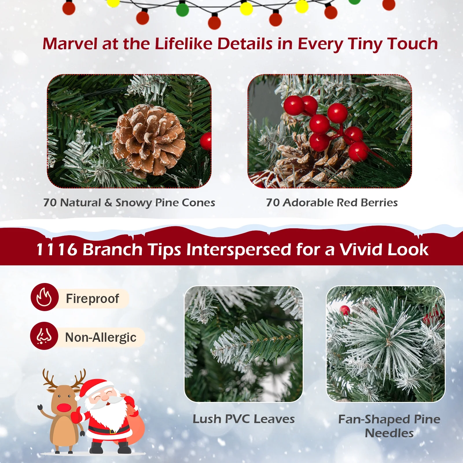 Costway 7 FT Pre-Lit Artificial Christmas Tree Hinged with Pine Needles 400 LED Lights - Image 5