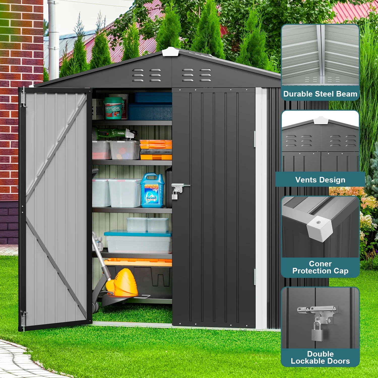 6x4FT Metal Outdoor Storage Shed, Garden Tool Shed with Lockable Doors & Slooping Roof for Backyard,Patio,Dark Grey - Image 5
