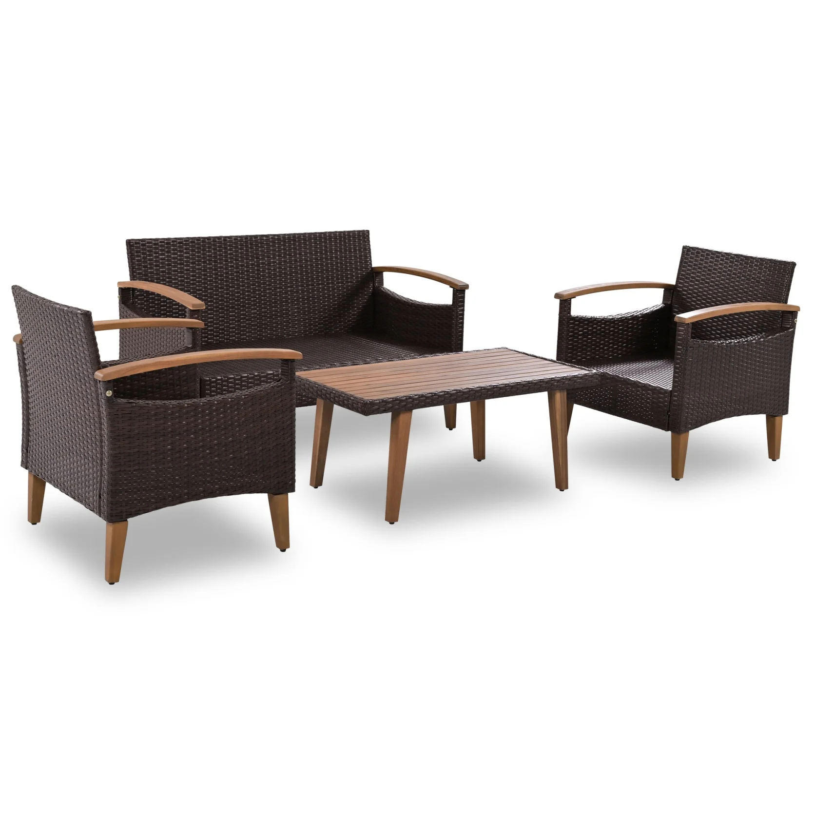 4 Piece Garden Furniture Set, Patio Seating Set with Wood Table, PE Rattan Sofa and 2 Chairs, Outdoor Conversation Set with Table Cover, Pillows and Adjustable Feet, Brown+Beige - Image 8