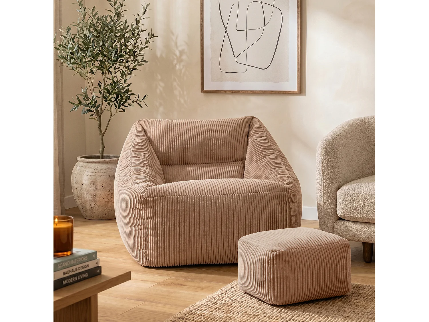 Pouf fauteuil et son repose-pieds carré velours côtelé brun moka, salon ou chambre - NATALIA