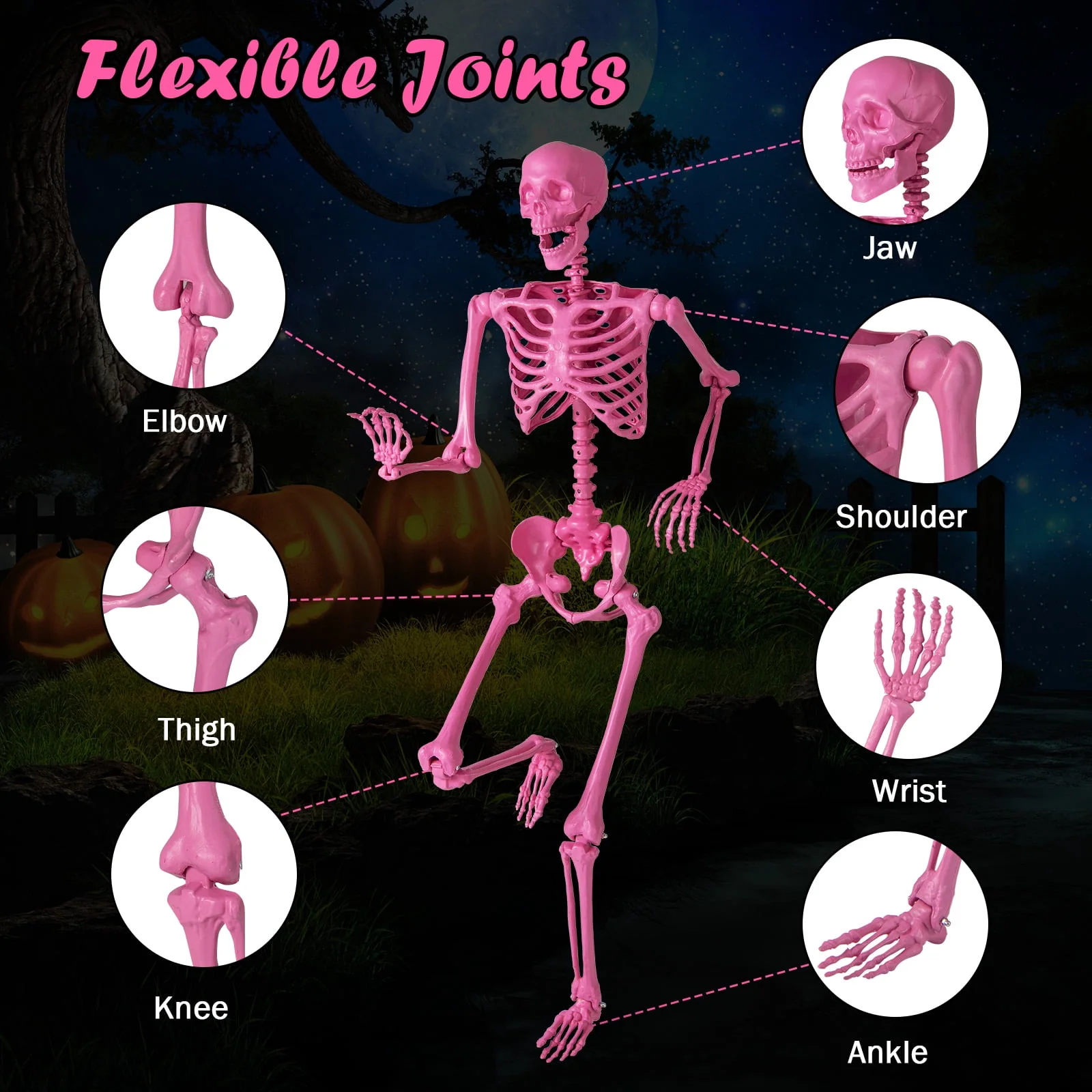 Costway 5.5 FT Poseable Halloween Skeleton Life-Size Decoration with Movable Joints Pink - Image 10 Costway 5.5 FT Poseable Halloween Skeleton Life-Size Decoration with Movable Joints Pink - Image 10