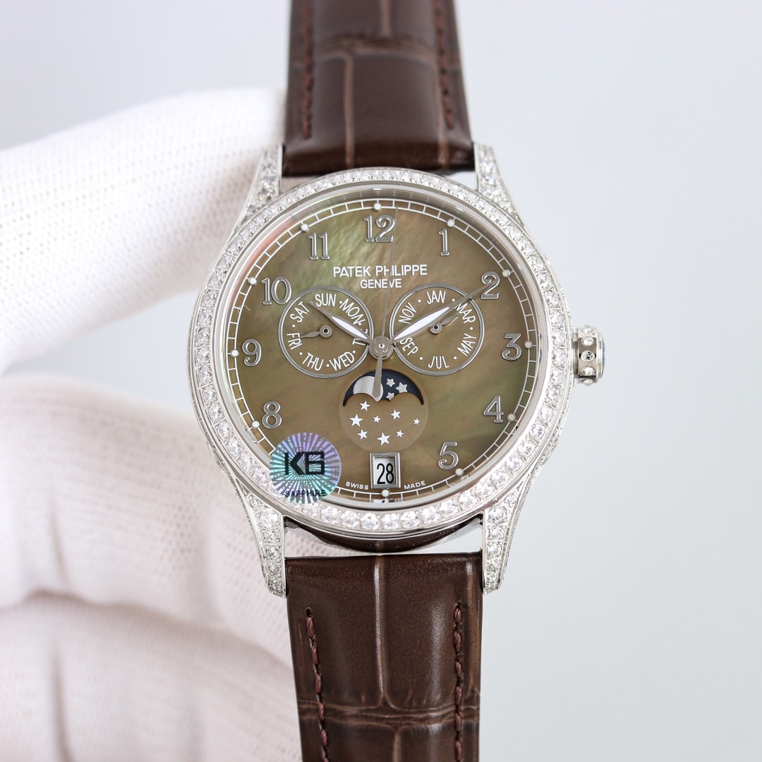 Fake Patek Philippe Replica Watch 4948G-001 Complications Ladies Annual Calendar Moon Phase 38mm Black Tahitian Mother of Pearl Arabic White Gold Diamond Set Leather(1:1 replica) - Top club