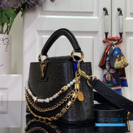 Black Ostrich Leather Mini Handbag with Pearl Chain Detail1:1High-quality replica