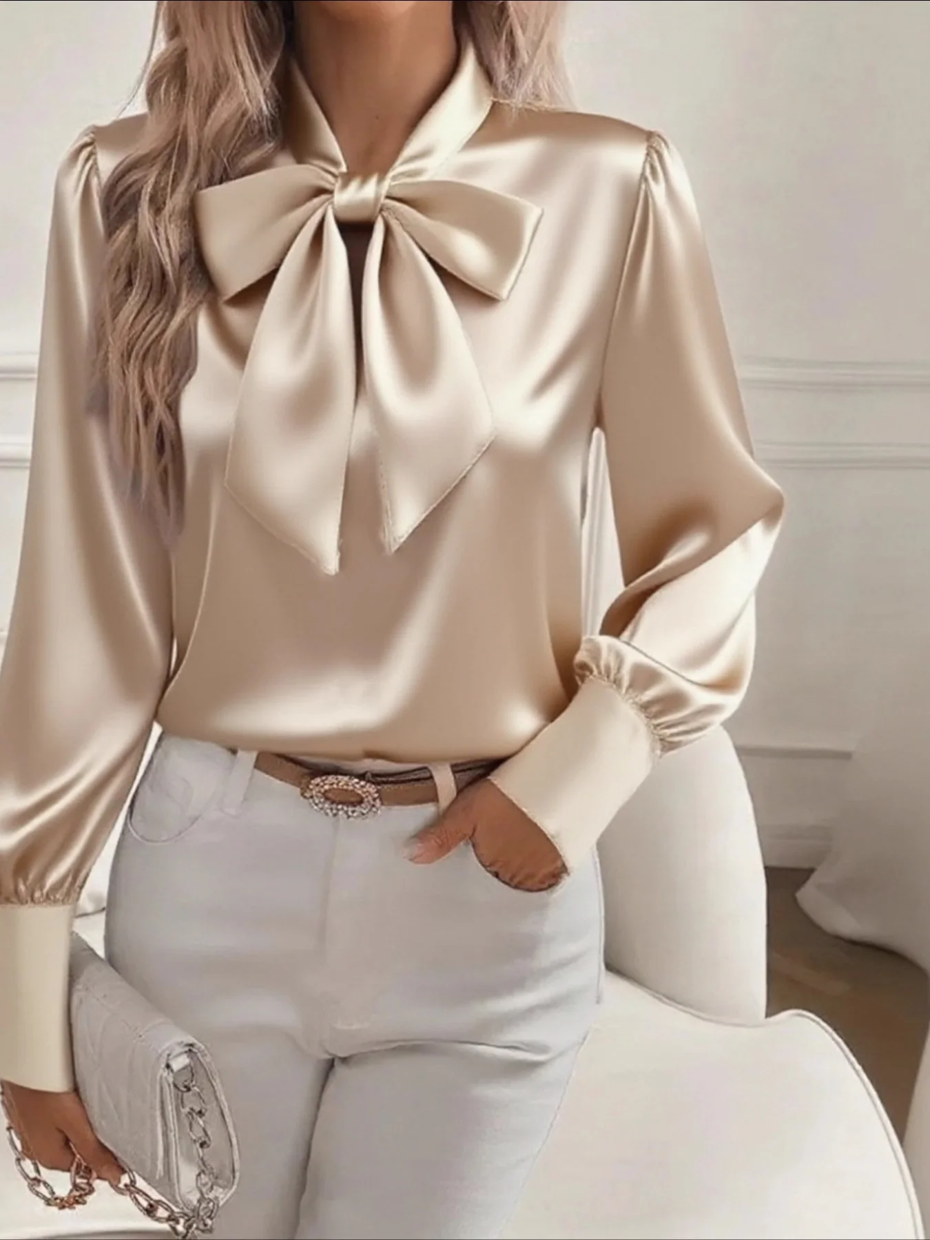 Satin Bow Tie Long Sleeve Top - ZKZOOK