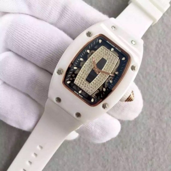 Replica Richard Mille RM007-01 Lady SS Diamonds Black Dial RG White Rubber Strap 6T51 - Top club