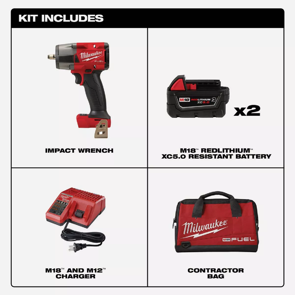 Milwaukee M18 FUEL Brushless 3/8 In. Mid-Torque Cordless Impact Wrench Kit with Friction Ring, (2) 5.0 Ah Resistant Batteries & Charger