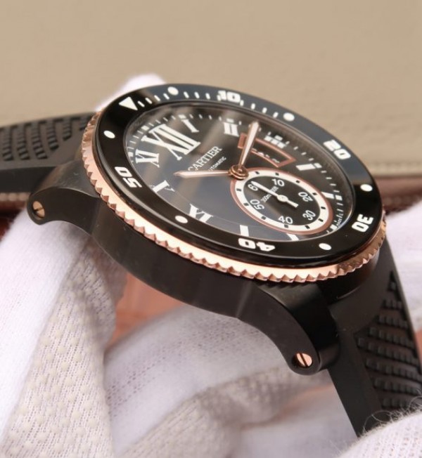 Replica Cartier JJF Calibre De Cartier Diver DLC Black Dial RG Bezel Black Rubber Strap A23J - Top club