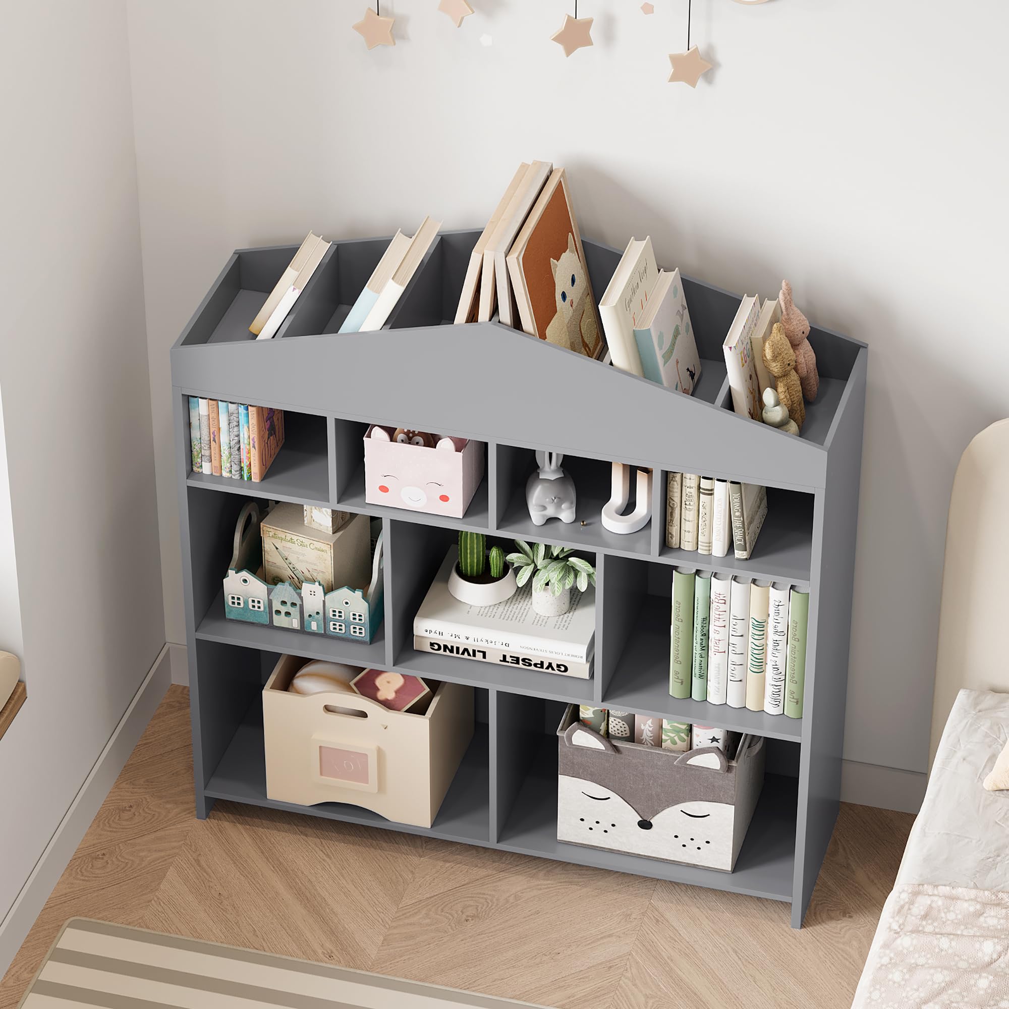 DSstyles Kids Bookshelf 9-Cubby Toy Storage Organizer White Bookcase Toddlers Playhouse Cabinet Shelf for Boys Girls Wooden Storage Toy Shelf for Playroom, Nursery, Kids Room - Image 15