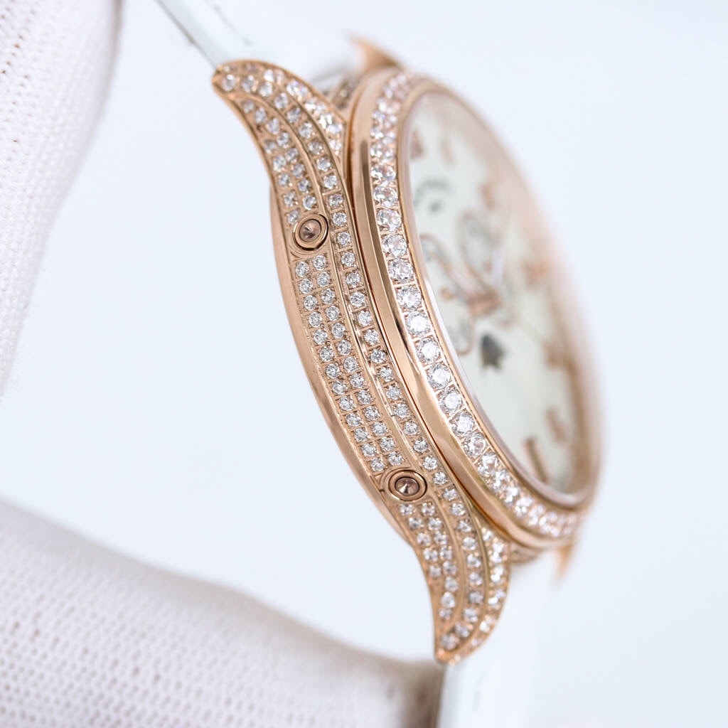 Fake Diamond Watch Patek Philippe Replica 4937R-001 Complications Ladies Annual Calendar Moon Phase 37mm White Mother of Pearl Arabic Rose Gold Diamond Set Leather Date(1:1 replica) - Top club