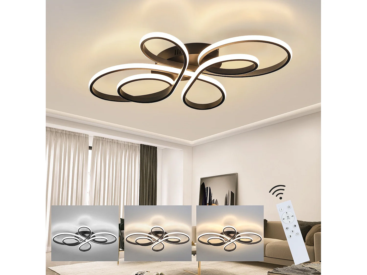 NETTLIFE Plafonnier LED Dimmable Grand 100cm Salon 90W Moderne Noir avec Télécommande