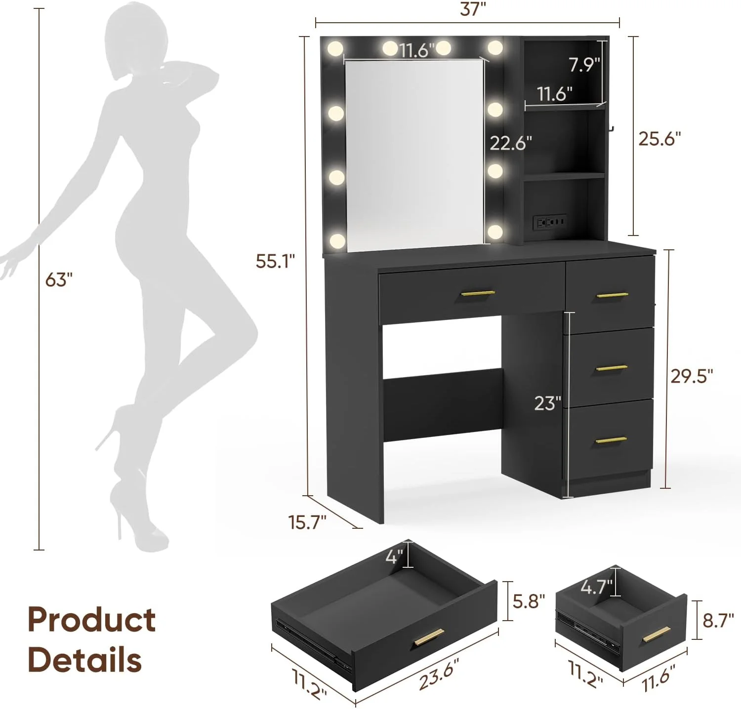 Makeup Vanity with Mirror and 3 Color Lights,Vanity Dressing Table with USB Charging Station,4 Drawers,Open Storage Shelves,White - Image 27