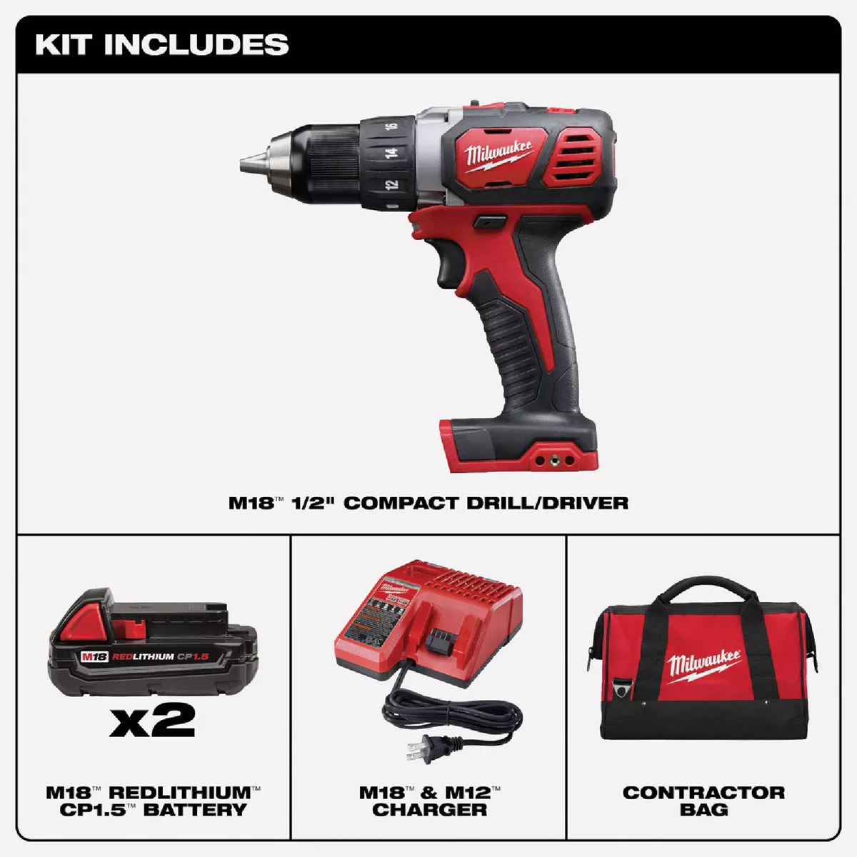 Milwaukee M18 1/2 In. Compact Cordless Drill/Driver Kit with (2) 1.5 Ah Batteries & Charger