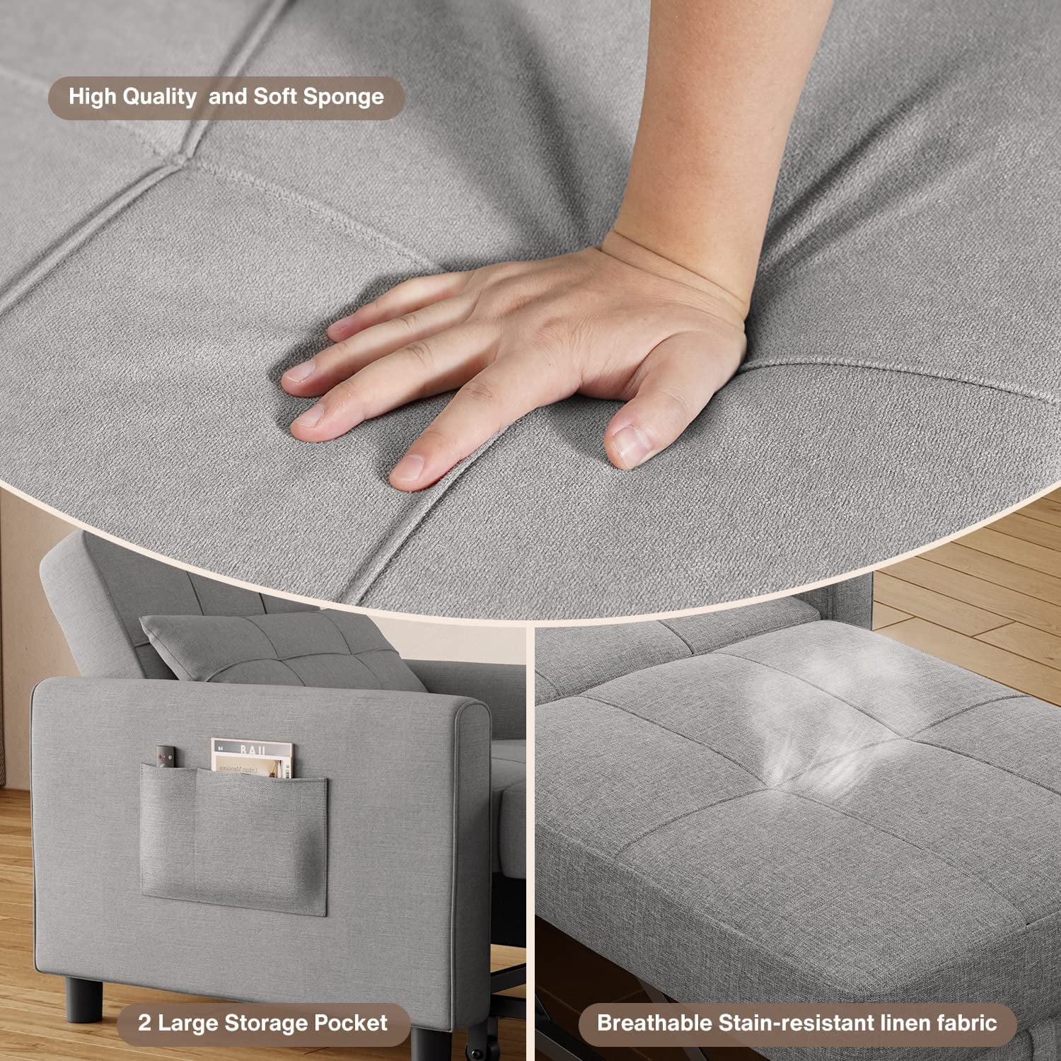 Lofka Chair Bed, Convertible Sofa Bed Couch Recliner Single Bed for Living Room/Office/Bedroom, Light Gray - Image 3