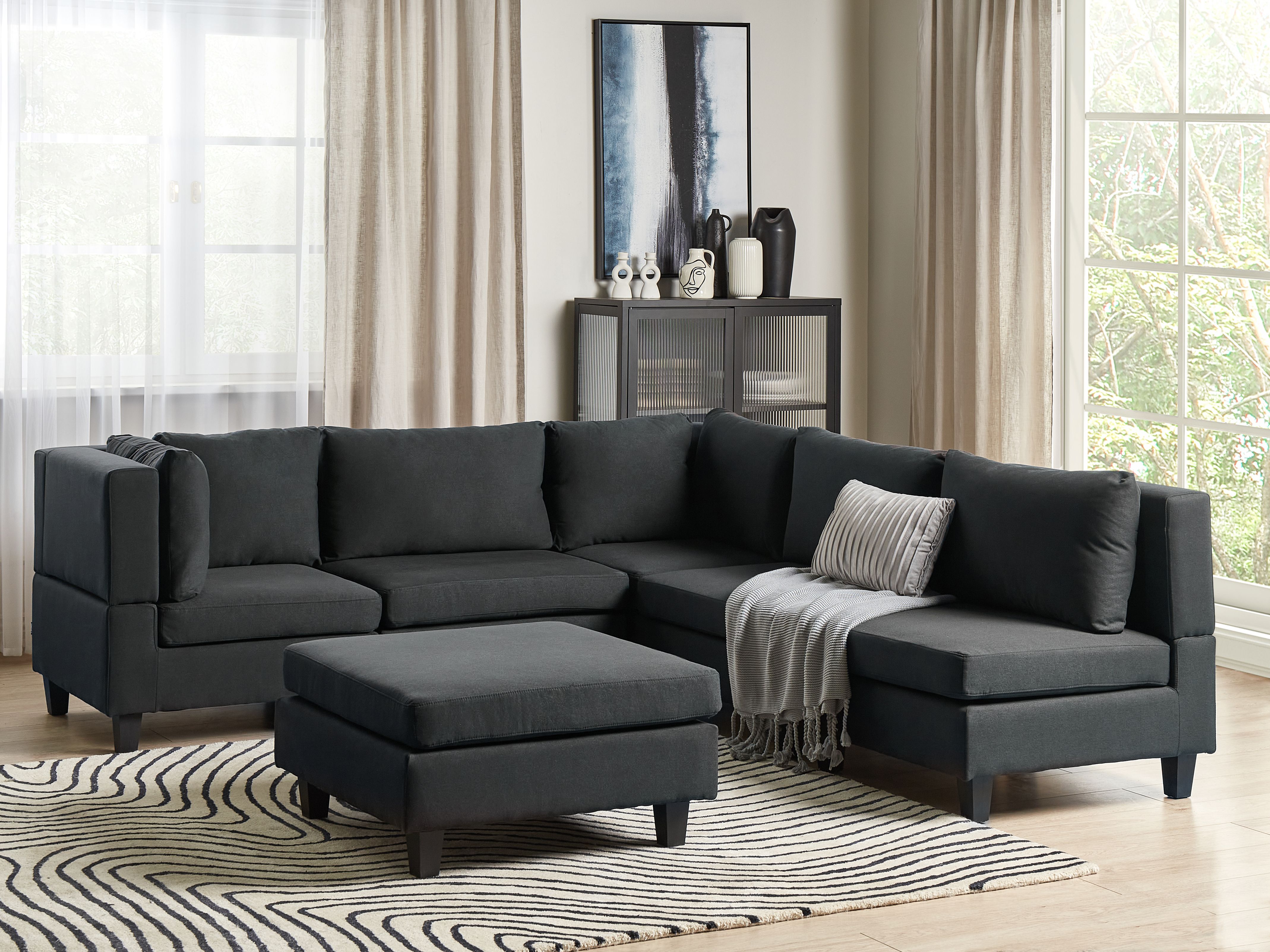 Modular Corner Sofa 5 Seater UNSTAD Fabric Black with Ottoman Right Hand