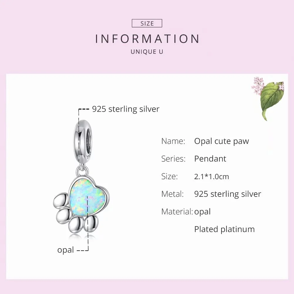 Pet Paw Print Charms - Cute Footprint Bead Heart-shaped Opal Pendant 925 Sterling Silver Platinum Plated for Bracelet Necklace Gift for Women Girls