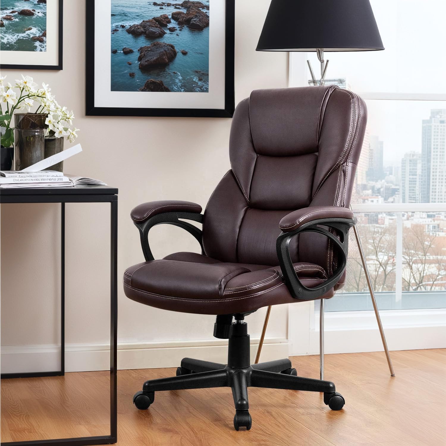Furmax Office Executive Chair High Back Adjustable Managerial Home Desk Chair, Swivel Computer PU Leather Chair with Lumbar Support (Brown)