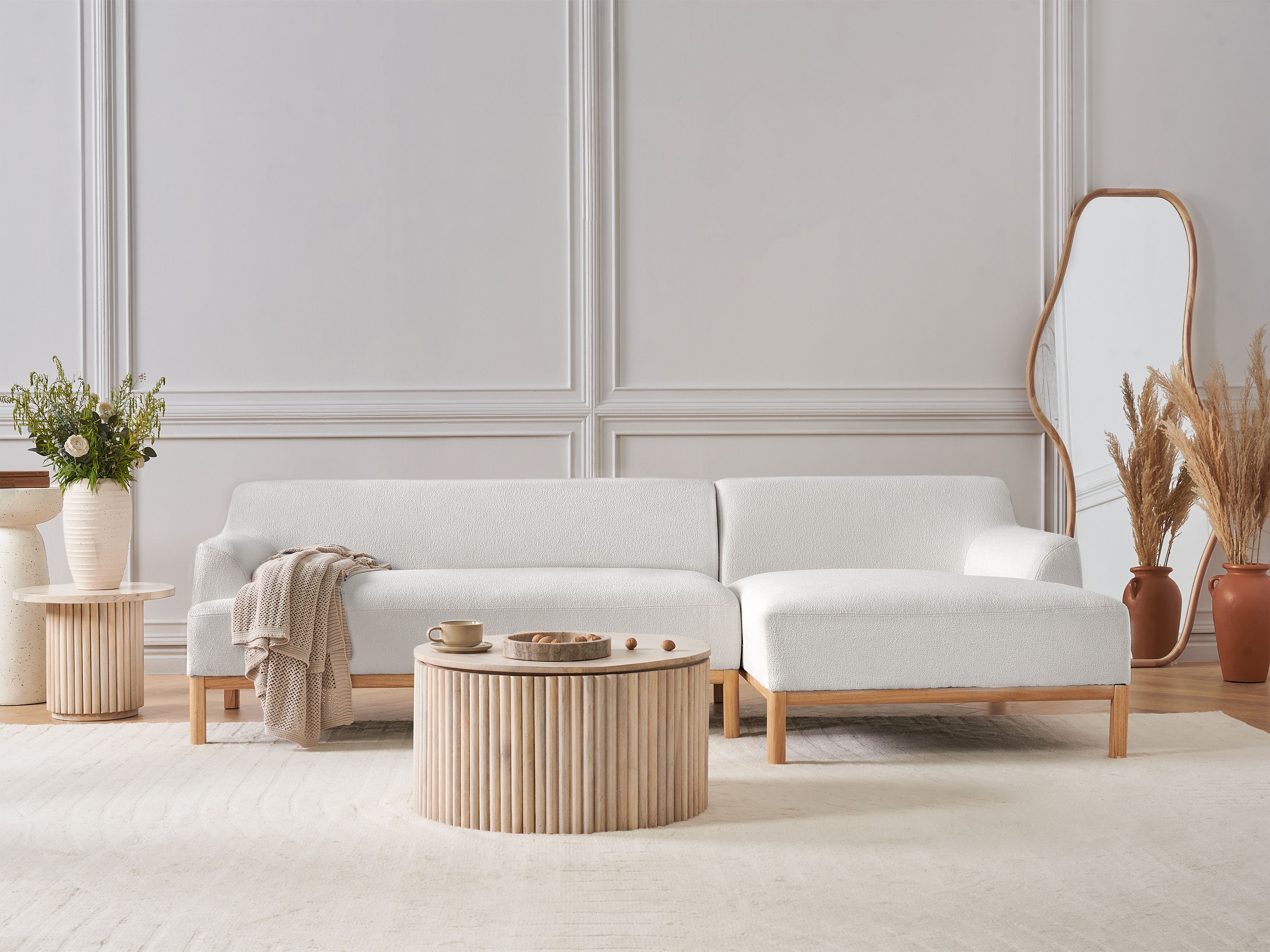 Corner Sofa 3 Seater SOSJO Boucle Off-White Left Hand