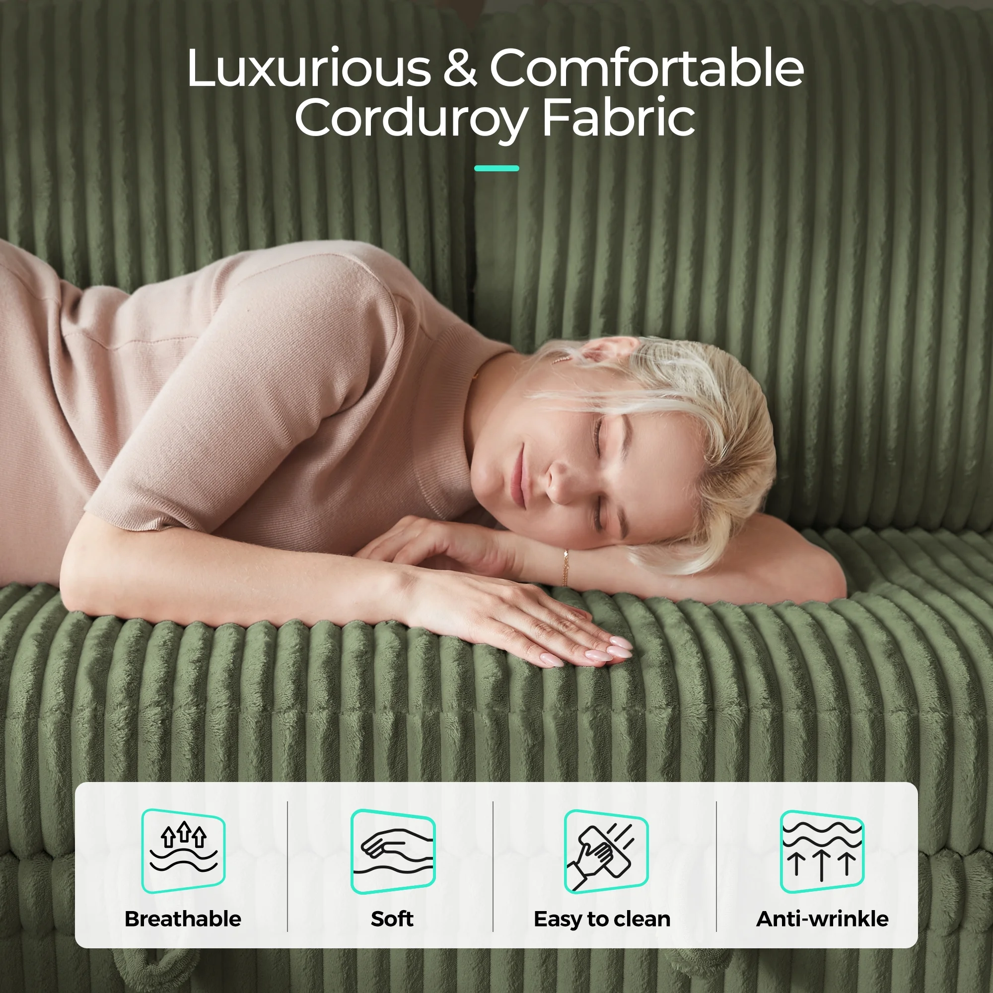 Linsy Home Plush Corduroy Pull Out Couch Chaise Lounge, Convertible Loveseat Sofa Couch With Usb & Cup Holder, Green - Image 7