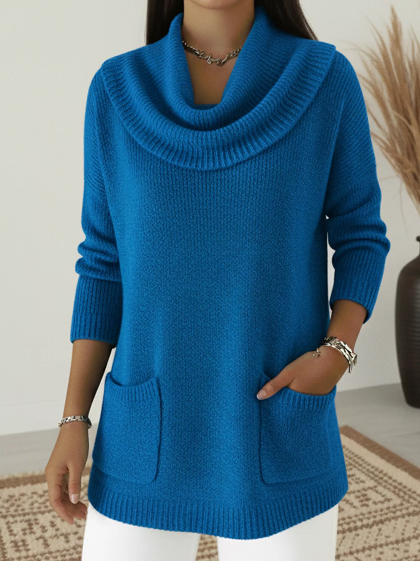 Full Size Cowl Neck Long Sleeve Sweater with Pockets Plus Size - ZKZOOK