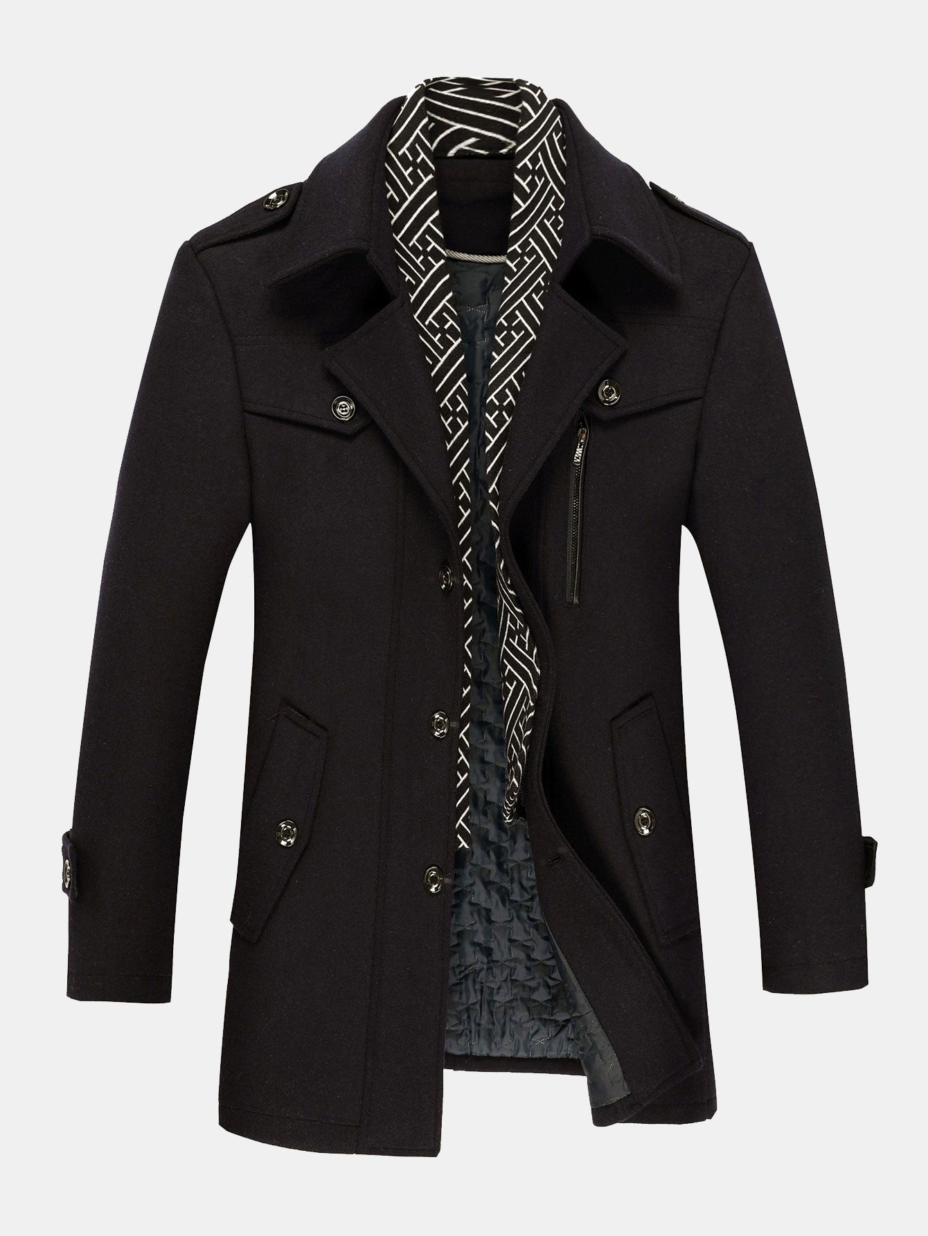 Quilted Lined Double Layer Detachable Scarf Neck Woolen Coat