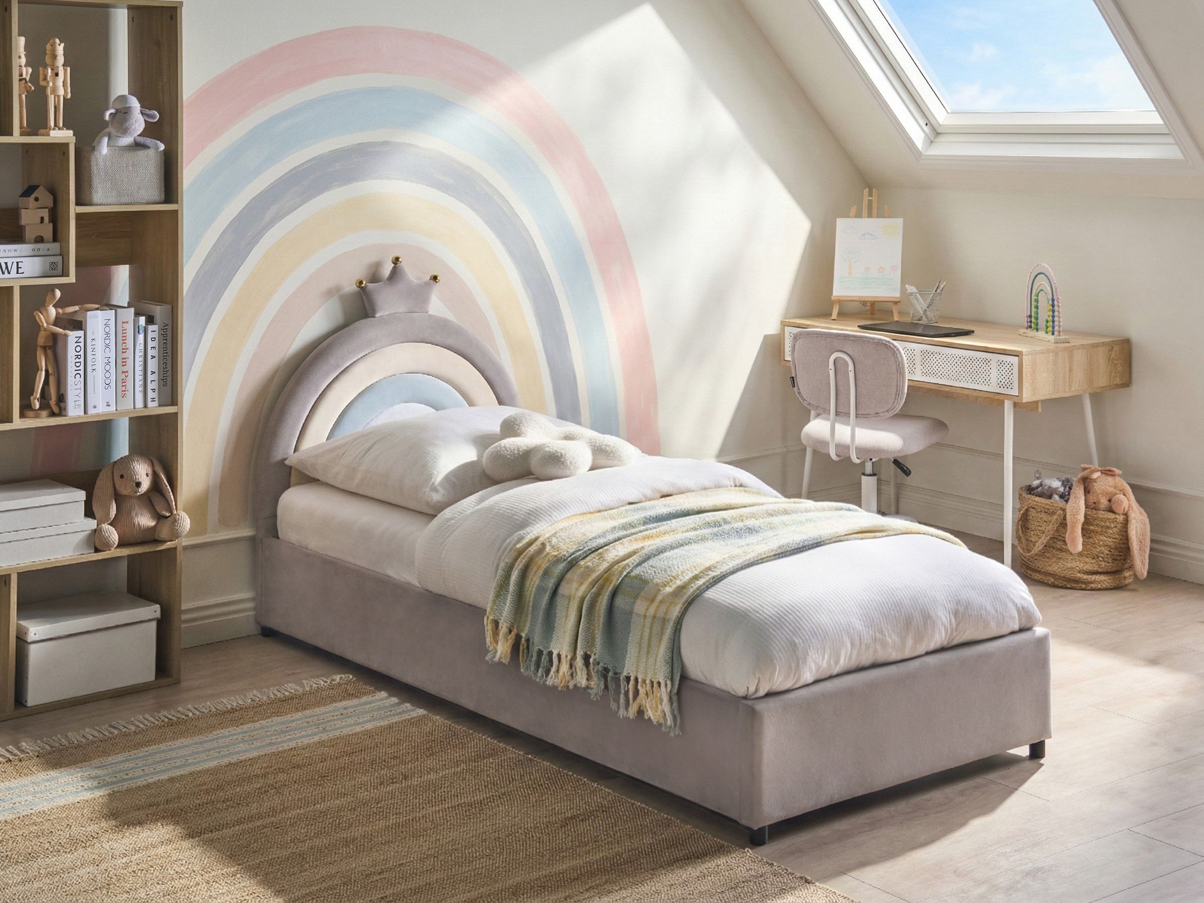 Kids Ottoman Bed Crown Velvet GRISETOT 90 x 200 cm (EU Single) Grey