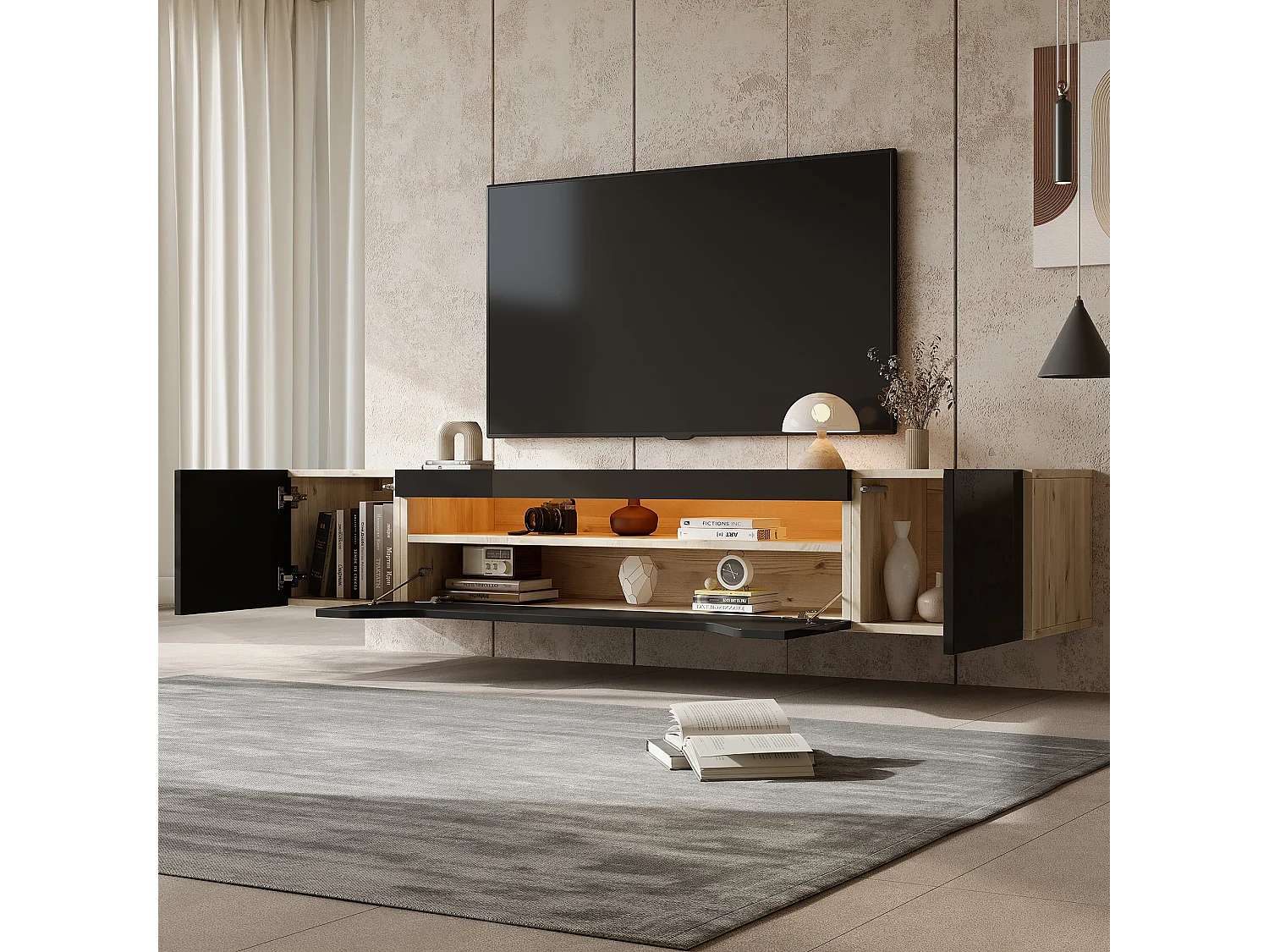 Meuble TV suspendu 180x37x36cm avec LED, 3 portes, corps en placage bois naturel et noir laqué brillant