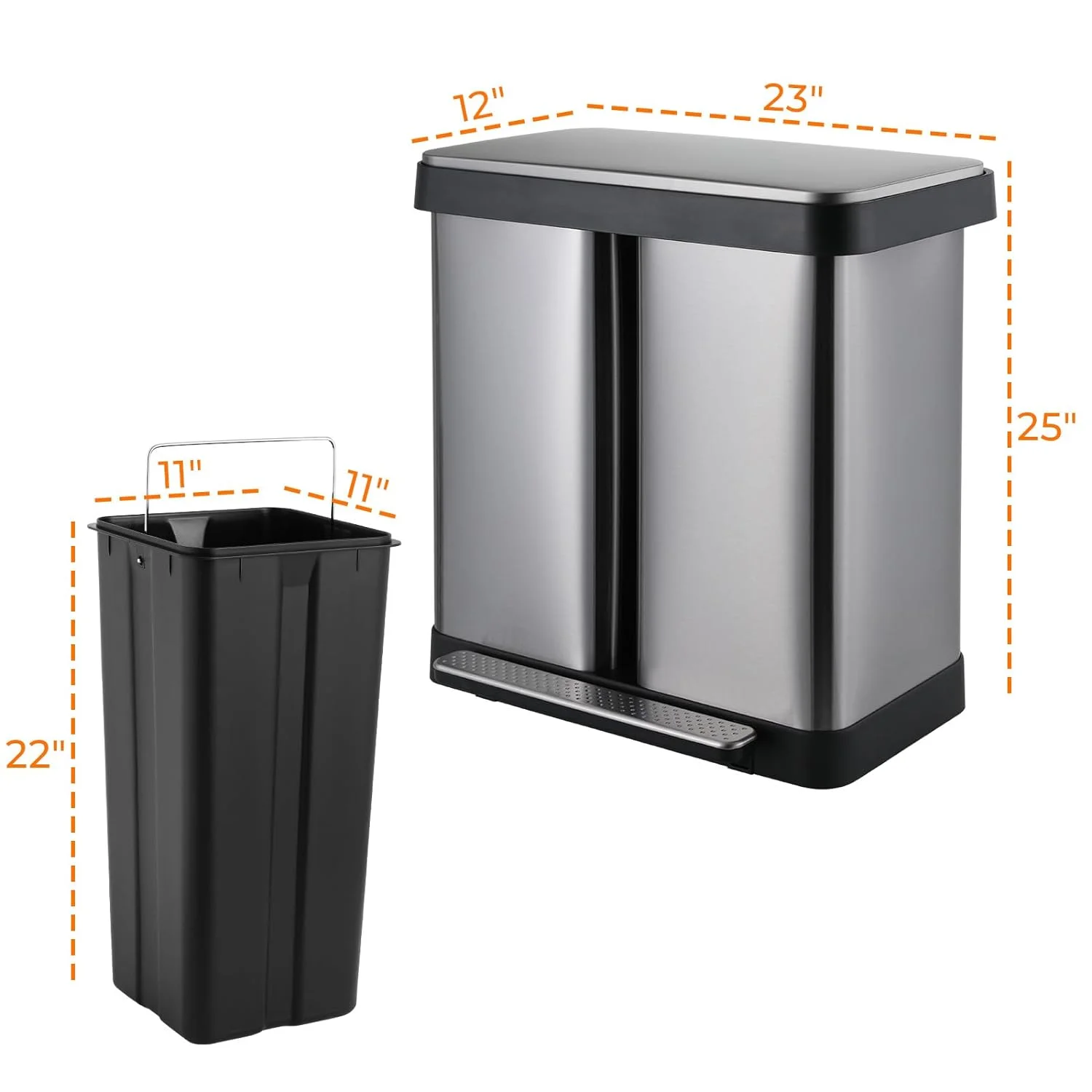 Arlopu 16 Gallon / 60L Dual Trash Can, Stainless Steel Kitchen Garbage Can with Soft-Close Lid, Home Office Classified Recycle Bin